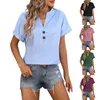 Camisetas femininas de manga curta com decote em V botão para baixo sólido manga comprida mulheres correndo camisa feminina solta alta