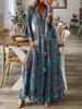 Casual Dresses 2024 Temperament Women's Wear Bohemian Flare Sleeves Printed V-neck High Waist Dress Long