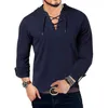 Moda masculina com capuz camiseta manga longa algodão henley camiseta medieval rendas até decote em v ao ar livre camisetas soltas casuais 240124