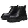 Bottes Vintage Hommes Bout Carré Cheville Fond Épais Moto Mâle À Lacets Chaussures Chunky Casual Streetwear