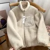 Autumn and Winter Japanese Mens Womens Fleece Stand Neck Jacket Par Zipper Loose Warm Lamb Wool Coat Solid Color Jacket 240202