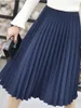 Skirts Elegant Dark Blue Pleated Mid-length Skirt Women Autumn And Winter High Elasticity Waist Office Ladies Slim Casual Working