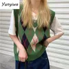 Argyle pull gilets femmes Vintage S-3XL automne col en v lambrissé sans manches pulls tricots femme chaud collège Preppy 240202