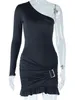 Vestidos casuais roupas de moda para mulheres 2024 vestido mini festa clube manga longa um ombro streetwear marrom preto