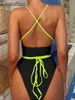 Dames Badmode Hoge Taille 2024 Sexy Vrouwen Eendelig Badpak Oranje Roze Patchwork Lace Up Backless Monokini Zomer Badpak