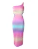 2024 Sexy Dress Women Spring Summer Elegant Ombre One Shoulder Tie Dye Cutout Ribbed Bodycon Midi Dress Casual Spicy Girl Dress 240124