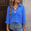 Blusas femininas escritório senhora camisa topos bolso blusa solta elegante coleção primavera/outono cor sólida lapela longa