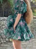 Party Dresses Princess Green Flower Organza Ball Gown Dress Wood Ears Puff Sleeve Irregular Ruffle Hem Retro Women Swing Short Fairy Cake