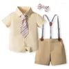 Kledingsets Toddler Baby Boy Formal Gentleman Outfit Mouw Bowtie Shirt met Suspender Shorts 2pcs Zomeroutfits