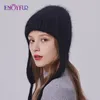 ENJOYFUR Cappello invernale da donna con paraorecchie in angora caldo soffice pelliccia di coniglio d'angora in maglia cappello femminile foderato in pile spesso cappello da cacciatore russo 240122