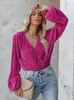 Women's T Shirts MISS PETAL Surplice Neck Peasant Long Sleeve Top For Woman Fuchsia Casual Pullovers 2024 Spring Autumn Tee Streetwear