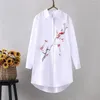 Blusas femininas 2024 primavera/verão outono design chique algodão comprimento médio arte bordado impresso camisa branca manga longa blusa solta topo