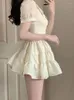 Casual Dresses All-Match 90-tals Harajuku Bubble Sleeve Sweet Kawaii Dress Women Bow Lace French Vintage High midje Mini Kvinna