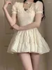 Casual Dresses All-Match 90-tals Harajuku Bubble Sleeve Sweet Kawaii Dress Women Bow Lace French Vintage High midje Mini Kvinna