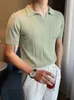 Herrpolos 2024 Business Clothing Light Luxury Sticked Polo Shirt Casual Solid V-Neck Kort ärm T-shirt andningsbar A43