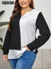 GIBSIE Plus Size Women Color Block V Neck Asymmetrical Blouse Fashion Spring Fall Long Sleeve Casual Work Blouses Tops 240126