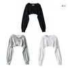 Womens Long Sleeve Cropped Hoodies Sweatshirt Aesthetic Punk HipHop Dance Plain Sexy Rave Cutout Loose Super Crop Top 240131