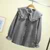 Lente Zoete Kant Peter Pan Kraag Vintage Plaid Leuke Bloemblaadje Volledige Mouw Harajuku Shirt Vrouwen Blouse Shirt K144 240202