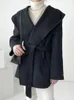 Vintage manteau de laine femmes automne hiver laine mélange veste à capuche dames mode coréenne élégant couleur unie à lacets vêtements d'extérieur 240201