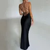 Robes décontractées dos nu noir satin maxi Y2K sexy col de capot mode 2024 robe d'été chic fête moulante robe de bal pour les femmes