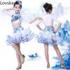 Stage Wear Children's Blue And White Porcelain Latin Dance Clothing Show Girl