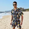 Herrspårar 2024 Hawaii stil män kläder trend tryckt kort ärmskjorta och shorts 2 stycken set casual semester stranddräkt