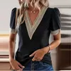 Women's T Shirts V-Neck Lace Loose Top Hollowed Out Short Sleeve T-Shirt Cropped Y2k Tops Cute Tank Luxury Clothes Women Crop