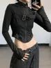 Kvinnors T -skjortor Houzhou Techwear Gothic Black Long Sleeve Tshirts Women Y2k Punk High Street Goth Core Corset Female Egirl Crop Top Top