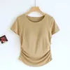 Women's Tanks T-Shirts Solid Color Short Sleeve With Padded Bust Wireless Base Layer Tops Slim Ruched Soft Female Outwear C5701