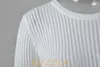Kozoca mode blanc élégant rayé voir à travers haut pour femme tenues à manches longues t-shirts t-shirts maigre Club vêtements de fête 240124