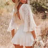 Ny mode kvinnors bohemsk klänning med en flip krage hylsa v-hals knapp dekoration cake strand lång läder klubb gata stil 240210