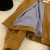 Süet Kısa Ceket Kadın Kore Deve Moda Uzun Kollu Uçuş Takım Harajuku Tek Kesin Kru arıksız Gevşek Üstler Kadın Vintage Coats 240122