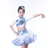 Stage Wear Children's Blue And White Porcelain Latin Dance Clothing Show Girl
