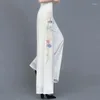 Damenhose, Stickerei, nationaler Stil, chinesische Vintage-Harajuku-Mode, Damenhose, Schwarz, Weiß, Hosenrock, Chiffon, weites Bein für Damen