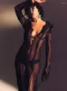 Casual Dresses Sexy Mesh Ruffles Dress For Women Lace Up See Through Long Sleeve V-Neck Side Split Slim Beach Party 2024 Summer Vestido