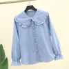 Lente Zoete Kant Peter Pan Kraag Vintage Plaid Leuke Bloemblaadje Volledige Mouw Harajuku Shirt Vrouwen Blouse Shirt K144 240202