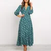 Casual Dresses Women Chiffon Long Dress Floral Print Lantern Sleeve A-Line Maxi Vestidos Elegant Vintage V Neck