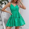 Casual Kleider Grün Spaghetti Strap Backless Für Frauen Sommer Sexy V-ausschnitt Rüschen Party A-linie Kleid Hohe Taille Swing prom Robe