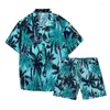 Herrspårar 2024 Hawaii stil män kläder trend tryckt kort ärmskjorta och shorts 2 stycken set casual semester stranddräkt