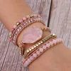 Link Bracelets Natural Stone Bracelet Pink Quartz Leather Wrap For Women Rose Gems Crystal Beads Bohemia