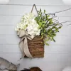 Flores decorativas primavera hortensia cesta corona simulación ratán puerta colgante