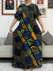 Etniska kläder 2024 afrikanska kvinnor dashiki bomullsblommig klänning färgglad tryckt kort ärm justerbar midja lös med halsduk