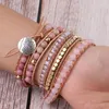 Link Bracelets Natural Stone Bracelet Pink Quartz Leather Wrap For Women Rose Gems Crystal Beads Bohemia