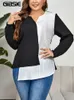 GIBSIE Plus Size Women Color Block V Neck Asymmetrical Blouse Fashion Spring Fall Long Sleeve Casual Work Blouses Tops 240126