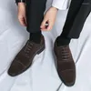 Geklede schoenen Retro Heren Puntig Donkerbruin Suède Patchwork Flats Oxfords Leer Casual Formeel schoeisel Sapatos Tenis Masculino