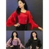 Stage Wear Ballroom Dance Tops Mangas Compridas Vermelho Blakc Roxo Bodysuit Mulheres Chiffon Ruffles Latina Performance Prática DNV19512