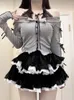 Vestidos de trabalho japonês kawaii lolita saias terno feminino doce rendas retalhos conjunto de duas peças feminino blusas de manga longa preto festa mini