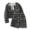 Outono 2 peças conjunto elegante moda vintage xadrez tweed manga longa jaquetas casaco irregular a linha mini saias feminino terno 240124