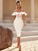 Casual Kleider Designer Mode Frauen Weiß Sommer Bodycon Verband Kleid Spaghetti Strap Off Schulter Rüschen Knielangen Elegante Formale