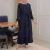 Etnisk kläder Fashion Elegant Floral Lace Brodery Patchwork Dresses Women Muslim Solid Color Dress Lång ärm i midja i mitten av längden